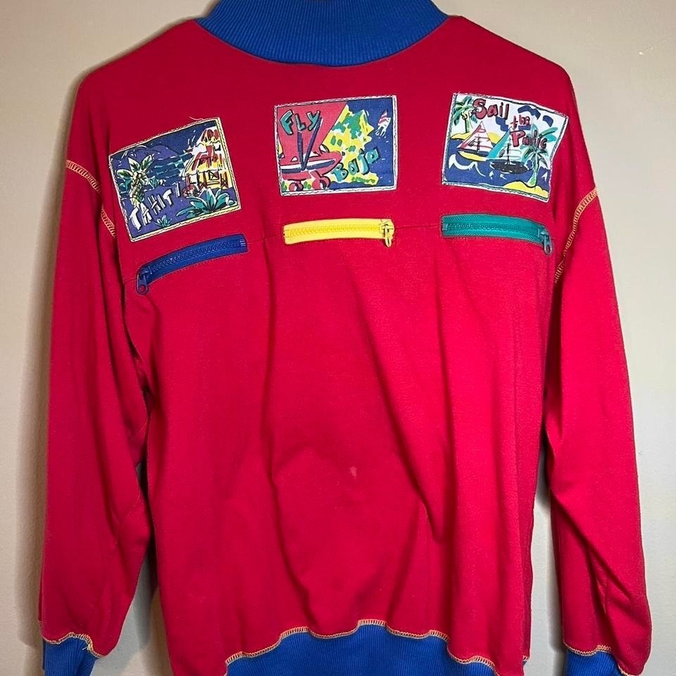 Vintage Red Tropical Island Print Sweatshirt Crewneck Blue Collar Y2k Retro